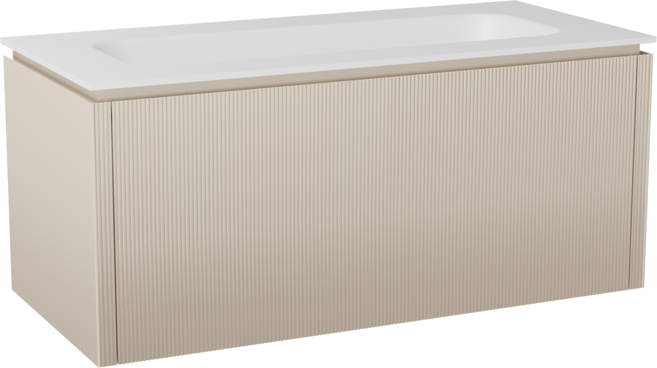 Balmani Eclips meuble salle de bains suspendu 120 x 55 cm Sandbeige avec Tablo Arcato plan simple pour 2 trous de robinet en Solid Surface blanc mat, Nervure droite symétrique verticale