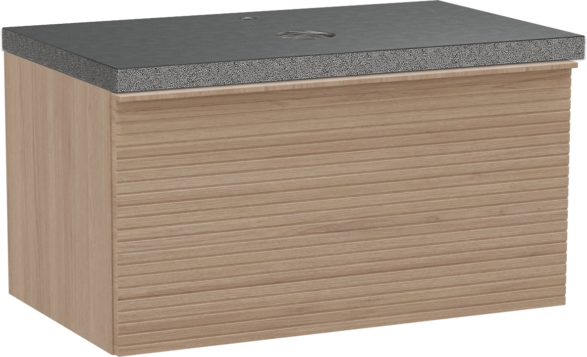 Balmani Forma hängendes Möbelstück Set: 90 x 55 cm, Naturbelassene Eiche, mit Rock Einzel Waschtischplatte, Granit, Schwarzes Granit, Horizontale symmetrische gerade Rippe