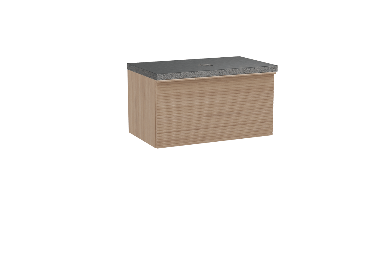 Balmani Forma hängendes Möbelstück Set: 90 x 55 cm, Naturbelassene Eiche, mit Rock Einzel Waschtischplatte, Granit, Schwarzes Granit, Horizontale symmetrische gerade Rippe