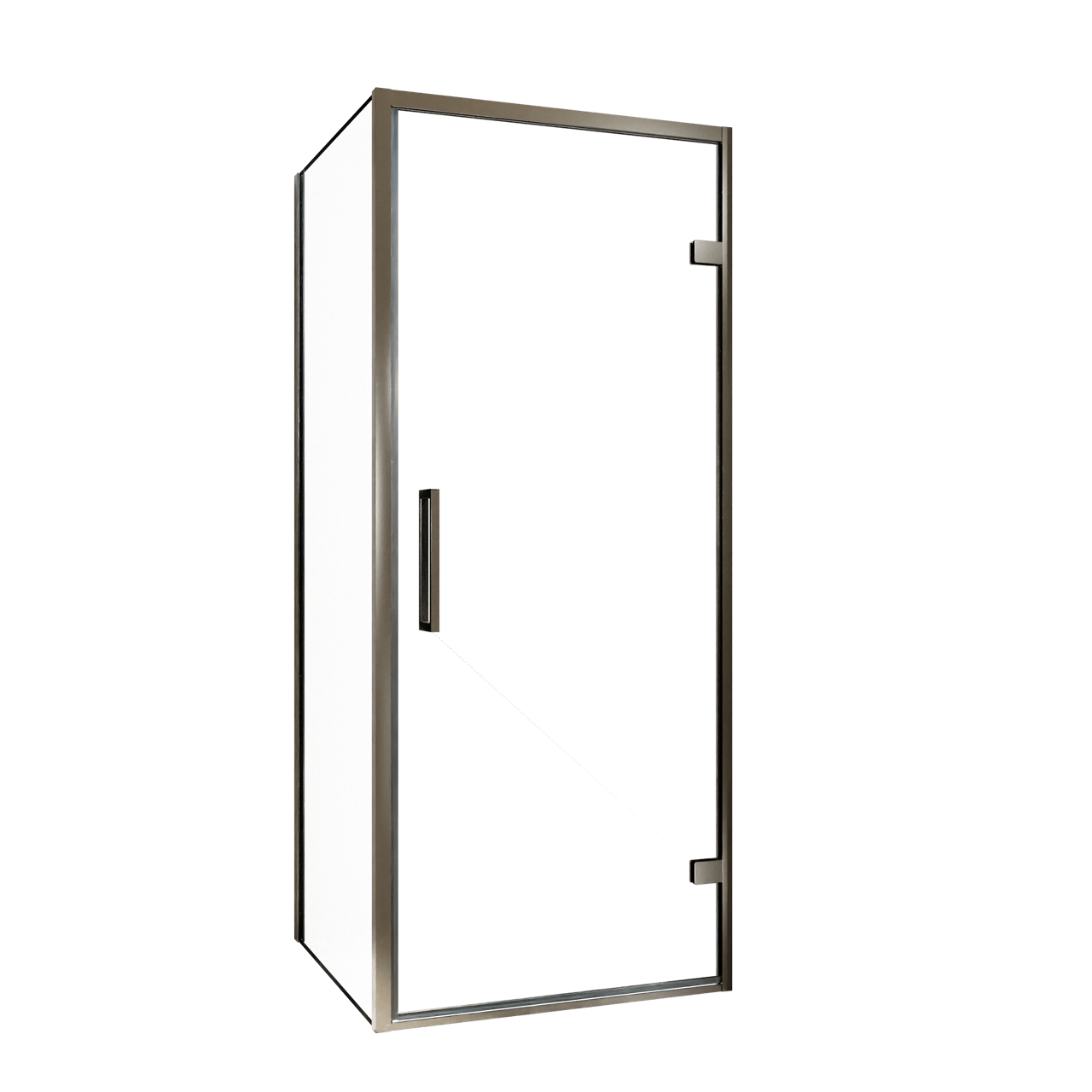 Balmani Senses Design Eckdusche: Drehtür (Rechts) mit fixierte Seitenwand, 90 x 90 cm, Klarglas, Profil Brushed GunMetal, inklusive Coating