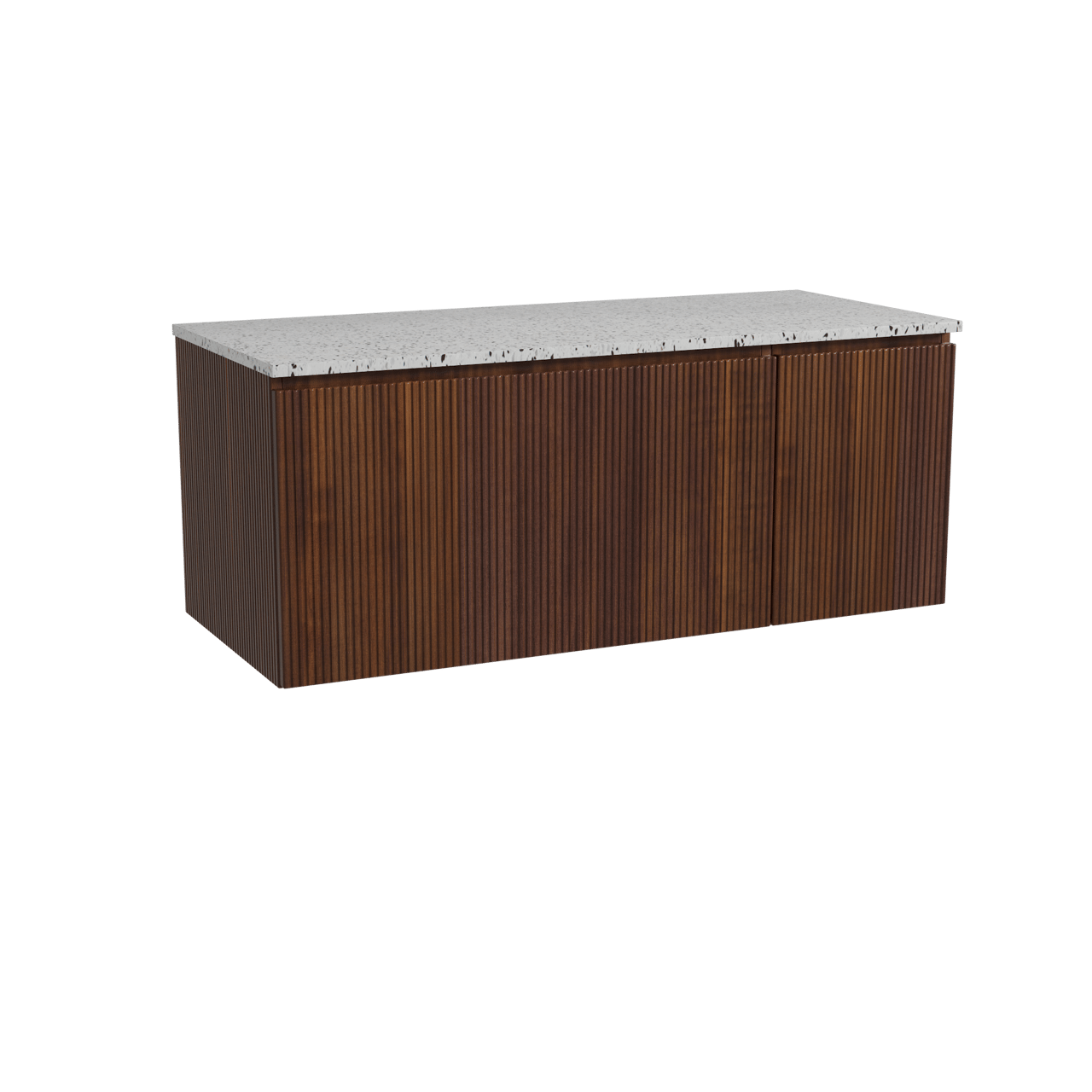 Storke Ribs hängendes Möbelstück Set: 120 x 52 cm, Nussbaum, mit Tavola Einzel- oder Doppel Waschtischplatte, Terrazzo in Weiß/Schwarz matt, Vertikale symmetrische gerade Rippe