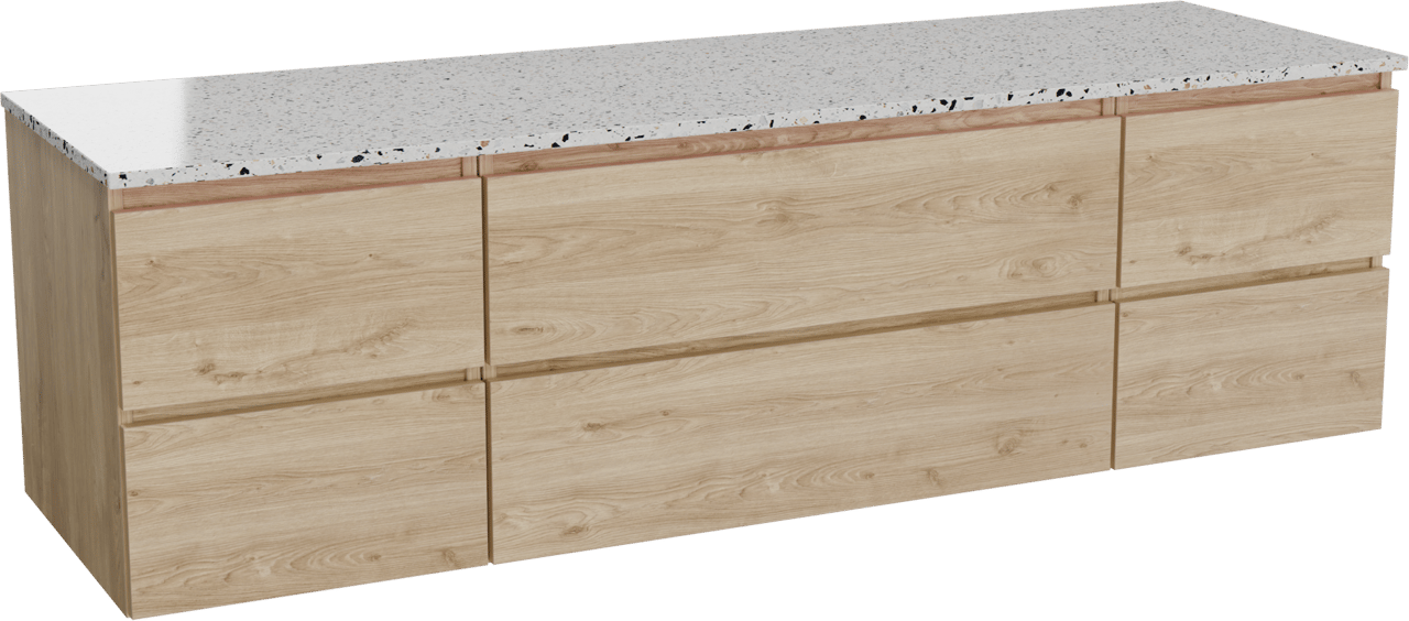 Balmani Lucida meuble salle de bains suspendu 180 x 55 cm chêne brut avec Stretto tablette simple ou double en blanc/noir mat terrazzo