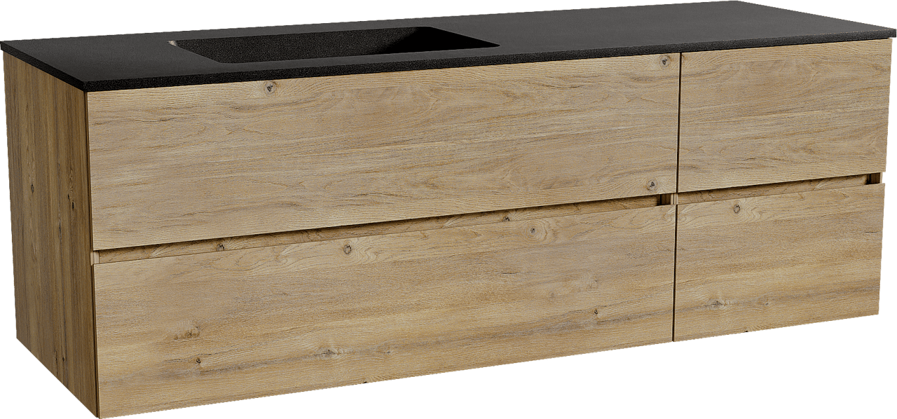 Storke Edge zwevend badmeubel 150 x 52 cm ruw eiken met Scuro asymmetrisch linkse wastafel in kwarts mat zwart