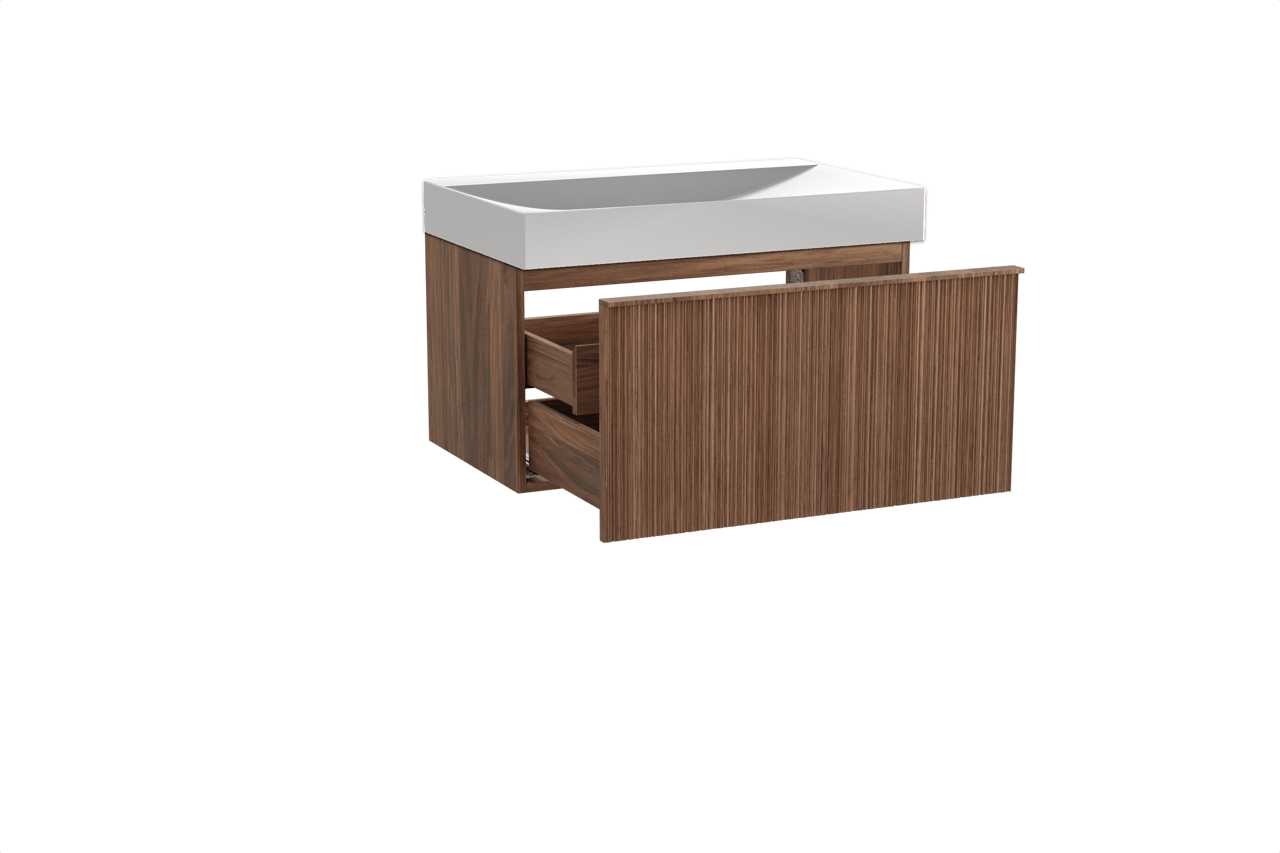 Balmani Forma hängendes Möbelstück Set: 90 x 55 cm, Amerikanischer Nussbaum, mit Wave Einzelwaschtisch, Solid Surface, Weiß matt, Vertikale asymmetrische Runde Rippe