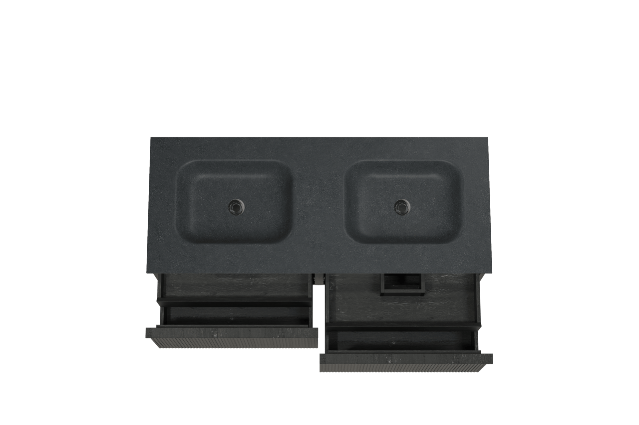 Balmani Forma meuble salle de bains suspendu 135 x 55 cm chêne noir avec Tablo Arcato double vasque en granit noir, Nervure droite symétrique verticale