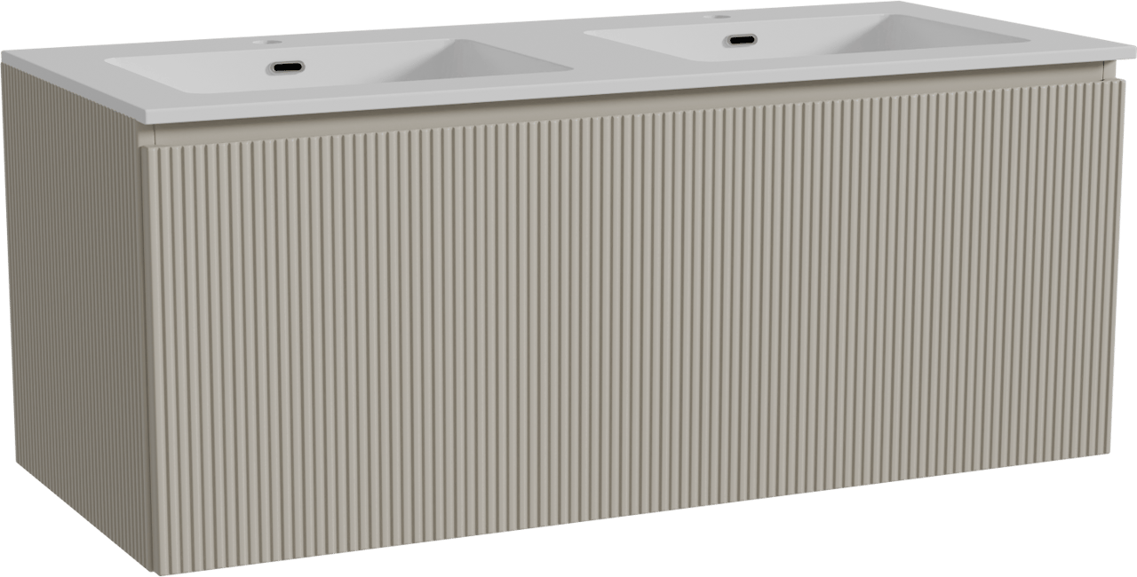 Storke Ribs zwevend badkamermeubel 120 x 52 cm zijdegrijs met Diva dubbele wastafel in composietmarmer glanzend wit, Verticale symmetrische rechte ribbel