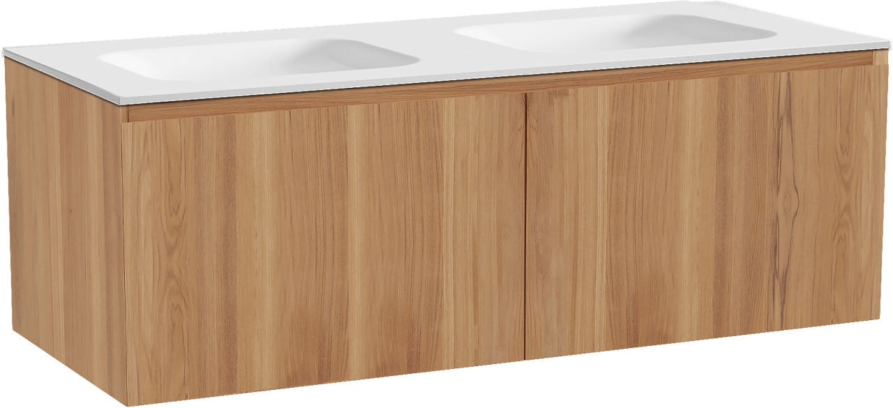 Balmani Idra meuble salle de bains suspendu 135 x 55 cm teck avec Tablo Arcato double vasque en solid surface blanc mat