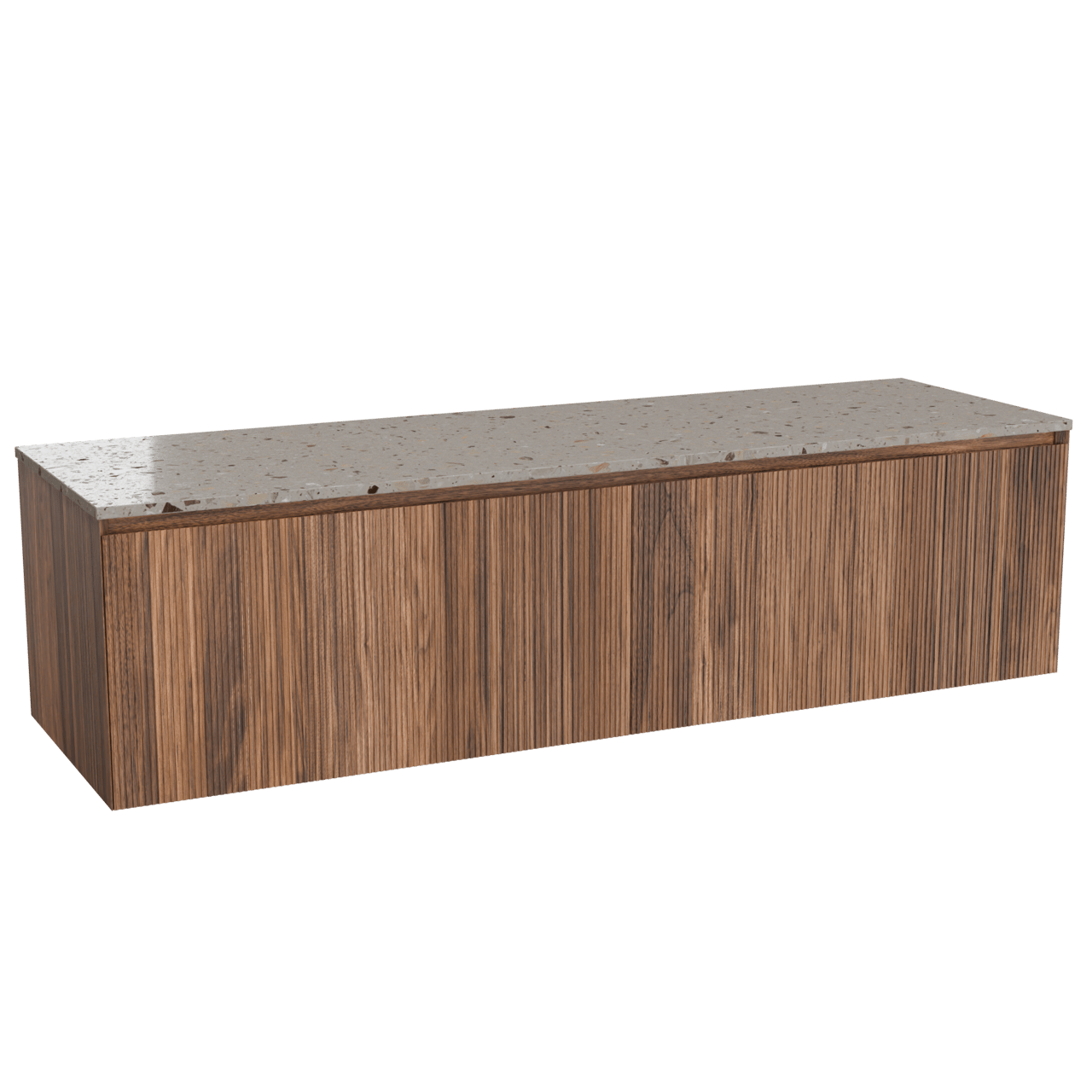 Balmani Fila hängendes Möbelstück Set: 180 x 55 cm, Nussbaum, mit Stretto Einzel- oder Doppel Waschtischplatte, Terrazzo in Greige, Vertikale symmetrische gerade Rippe