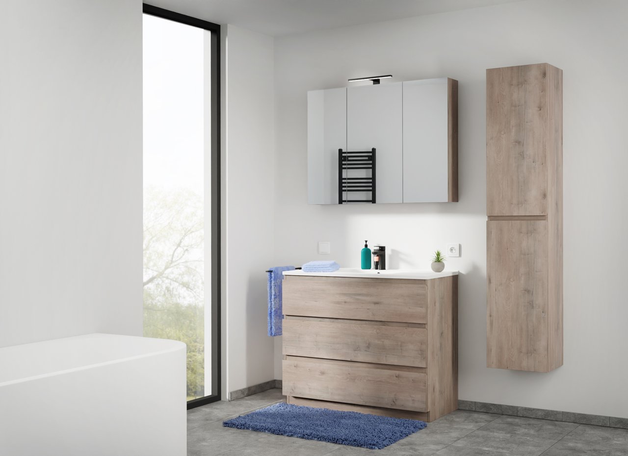 Linie Lado stehender Waschbeckenunterschrank: 100 x 46 cm, graue Eiche, 3 Schubladen