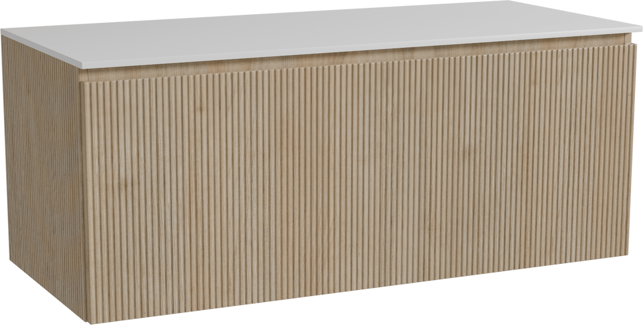 Storke Ribs hängendes Möbelstück Set: 120 x 52 cm, Rohe Eiche, mit Tavola Einzel- oder Doppel Waschtischplatte, Solid Surface, Weiß matt, Vertikale symmetrische gerade Rippe