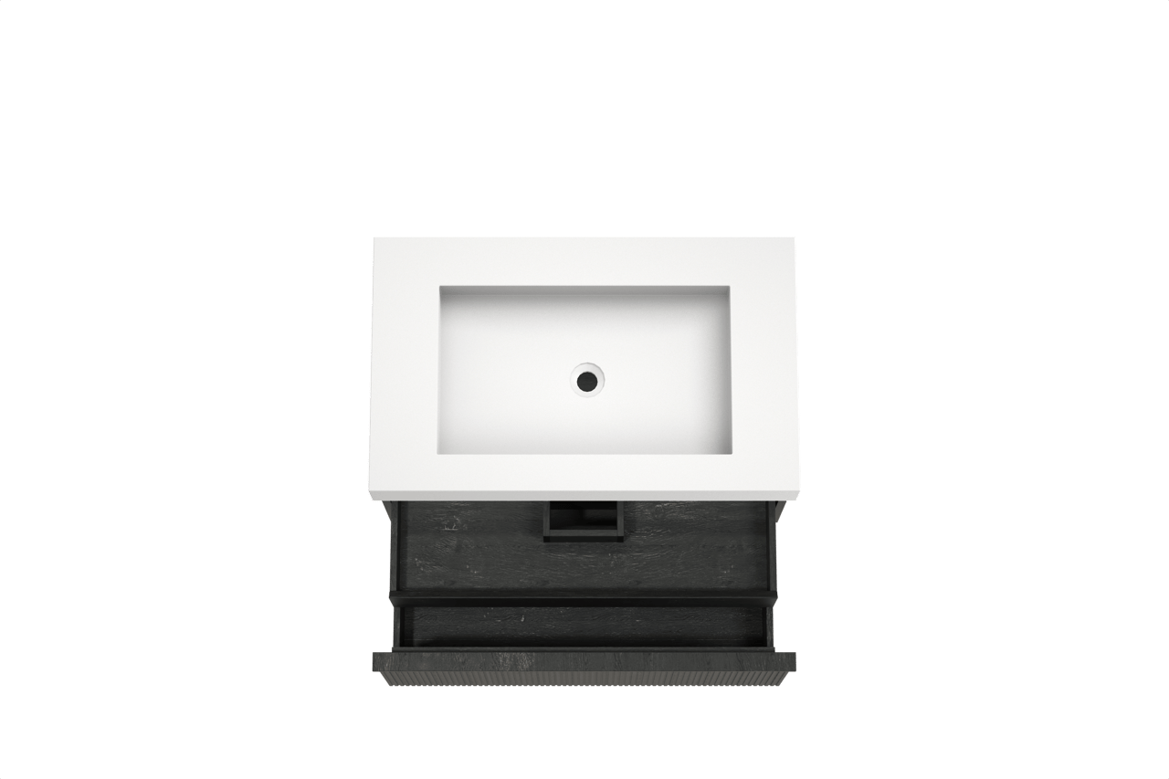 Balmani Forma hängendes Möbelstück Set: 90 x 55 cm, Schwarze Eiche, mit Modus Einzelwaschtisch, Solid Surface, Weiß matt, Vertikale symmetrische gerade Rippe