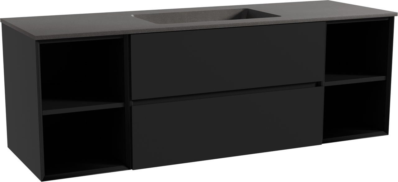Storke Edge zwevend badmeubel 155 x 52 cm mat zwart met Scuro enkele wastafel in kwarts mat zwart