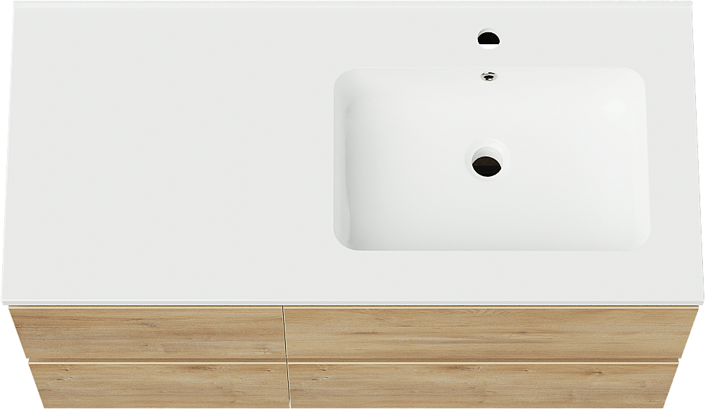 Linie Lado meuble salle de bains suspendu 100 x 46 cm chêne naturel avec Vano vasque asymétrique droite en marbre composite blanc brillant