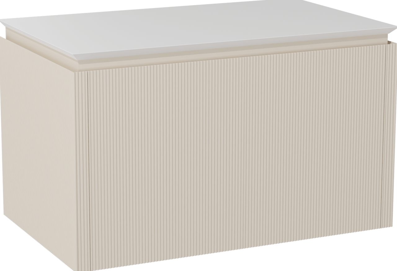 Balmani Eclips zwevend badkamermeubel 90 x 55 cm Sandbeige met Eclips enkel tablet in Solid Surface mat wit, Verticale symmetrische rechte ribbel