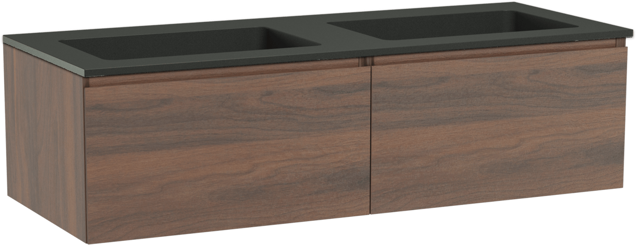 Storke Edge zwevend badkamermeubel 130 x 52 cm notelaar met Scuro dubbele wastafel in kwarts mat zwart