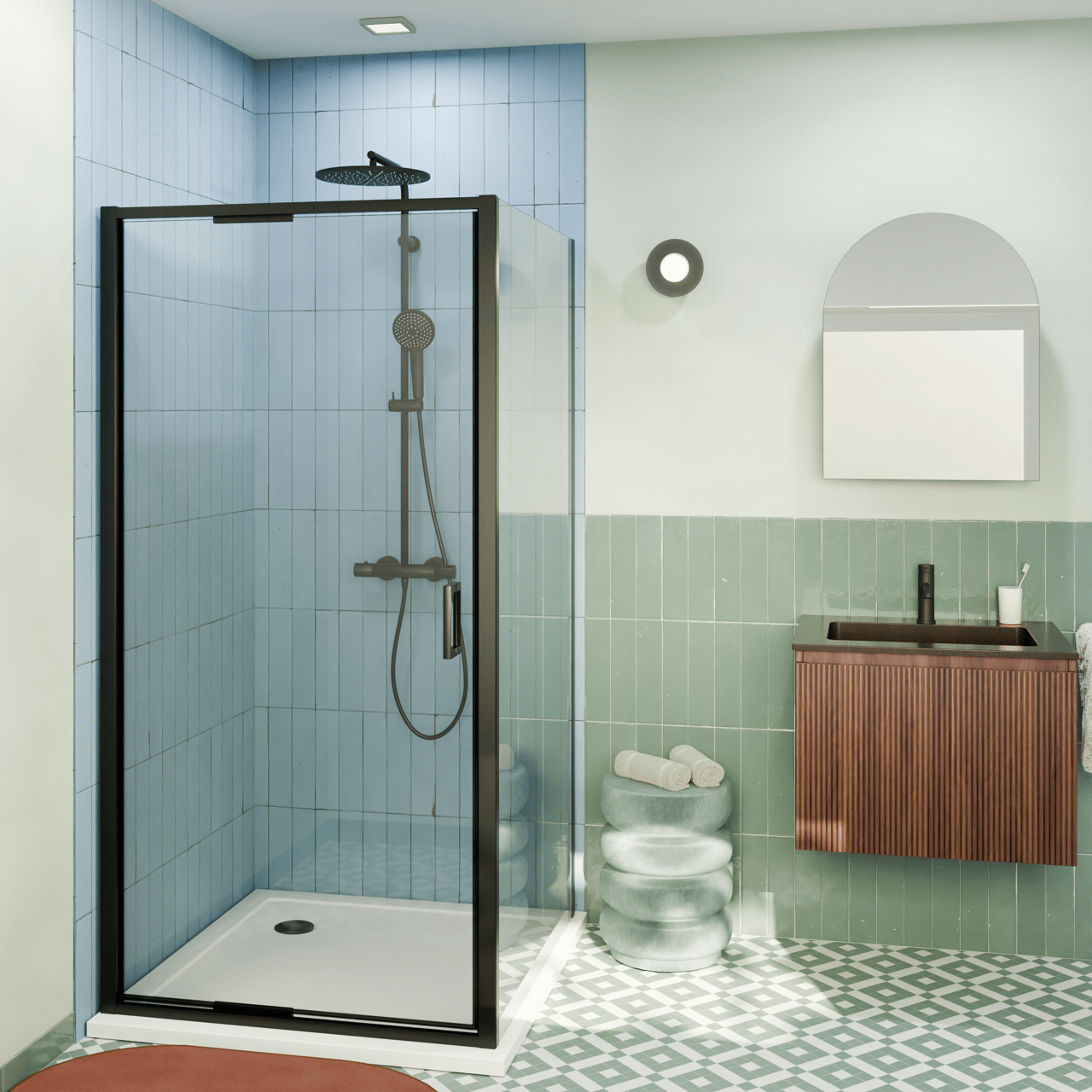 Luca Varess Vidor In paroi de douche avec porte pivotante et paroi latérale fixe 100 x 90 cm verre transparent profil noir mat