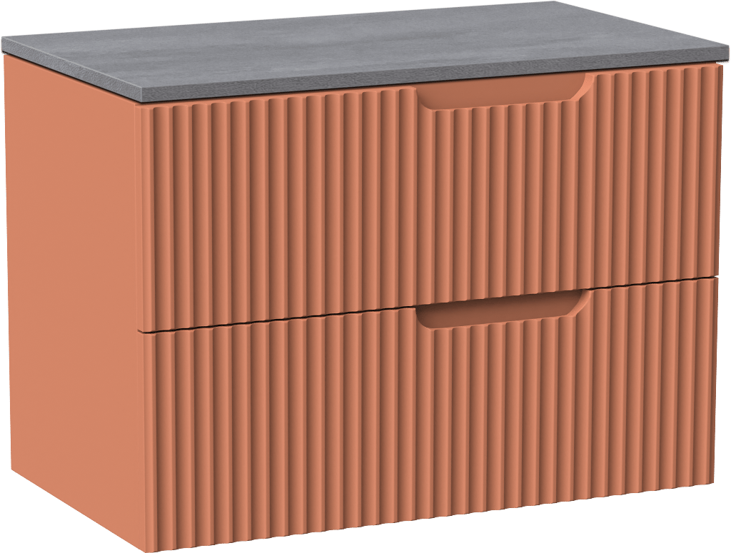 Linie Ribbo zwevend badmeubel 80 x 46 cm cotto met Lado enkel wastafelblad in melamine beton donkergrijs, Verticale symmetrische ronde ribbel