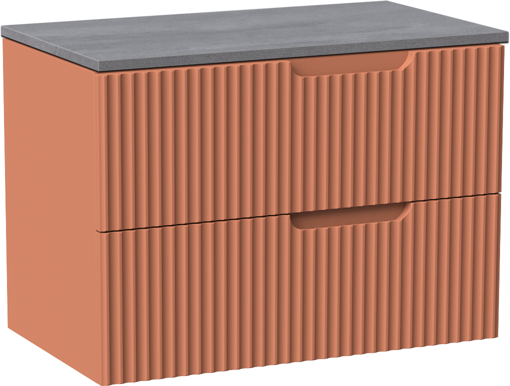 Linie Ribbo zwevend badmeubel 80 x 46 cm cotto met Lado enkel wastafelblad in melamine beton donkergrijs, Verticale symmetrische ronde ribbel