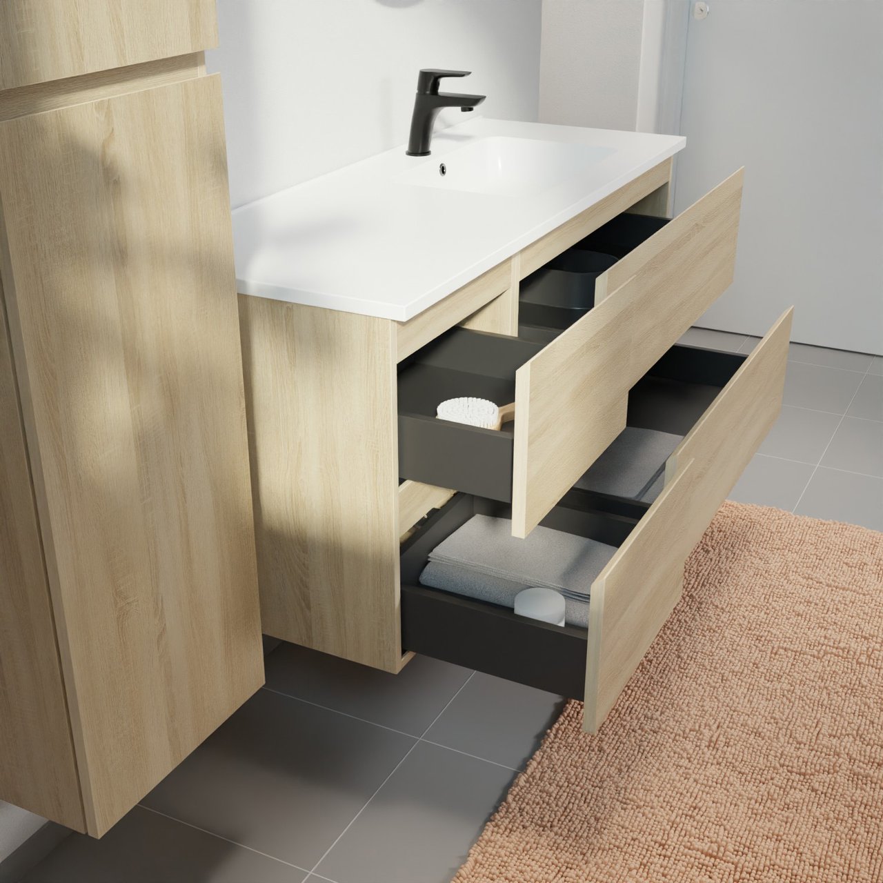 Linie Lado zwevend badmeubel 120 x 46 cm wit eiken met Vano asymmetrisch rechtse wastafel in composietmarmer mat wit