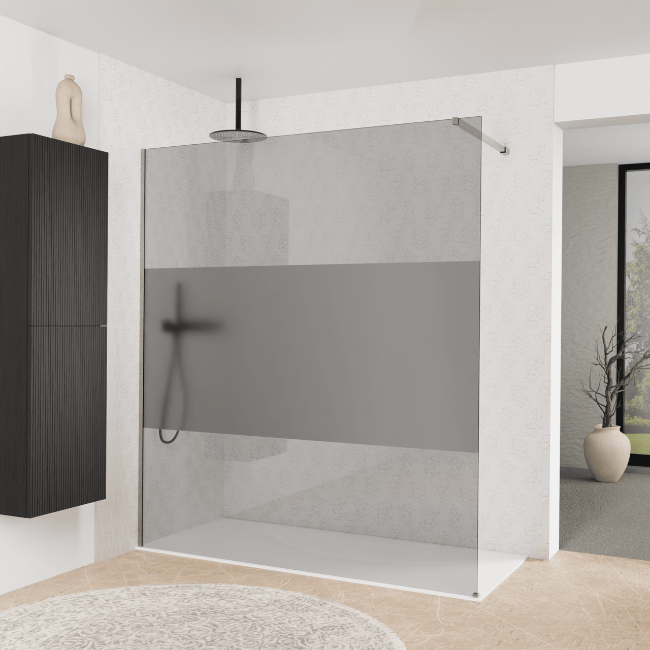 Balmani Modular Walk-In Dusche: 180 x 200 cm, Rauchglas mit mattiertem Streifen, Profil Brushed Inox