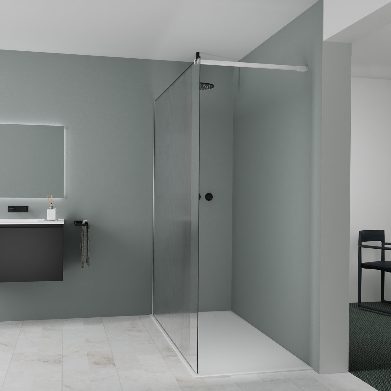 Balmani Modular inloopdouche: 180 x 200 cm, Ribs met coating, Mat witte profielen