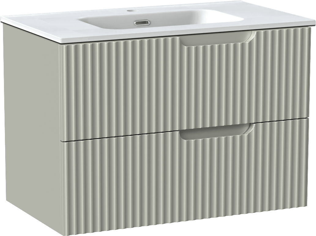 Linie Ribbo hängendes Möbelstück Set: 80 x 46 cm, Greige, mit Baro Einzelwaschtisch, Porzellan, Weiß matt, Vertikale symmetrische runde Rippe