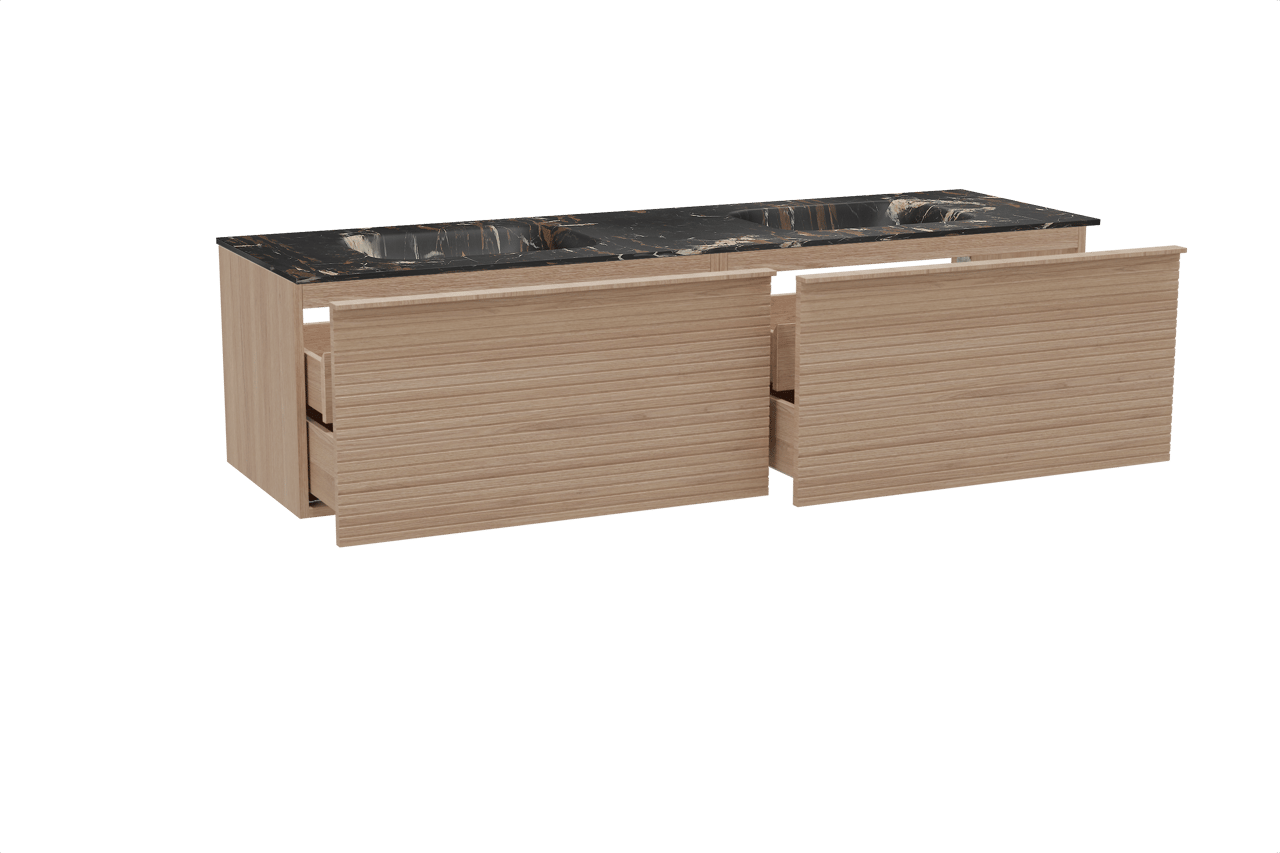 Balmani Forma hängendes Möbelstück Set: 180 x 55 cm, Naturbelassene Eiche, mit Tablo Arcato Doppelwaschtisch, Marmor, Portoro Gold, Horizontale symmetrische gerade Rippe