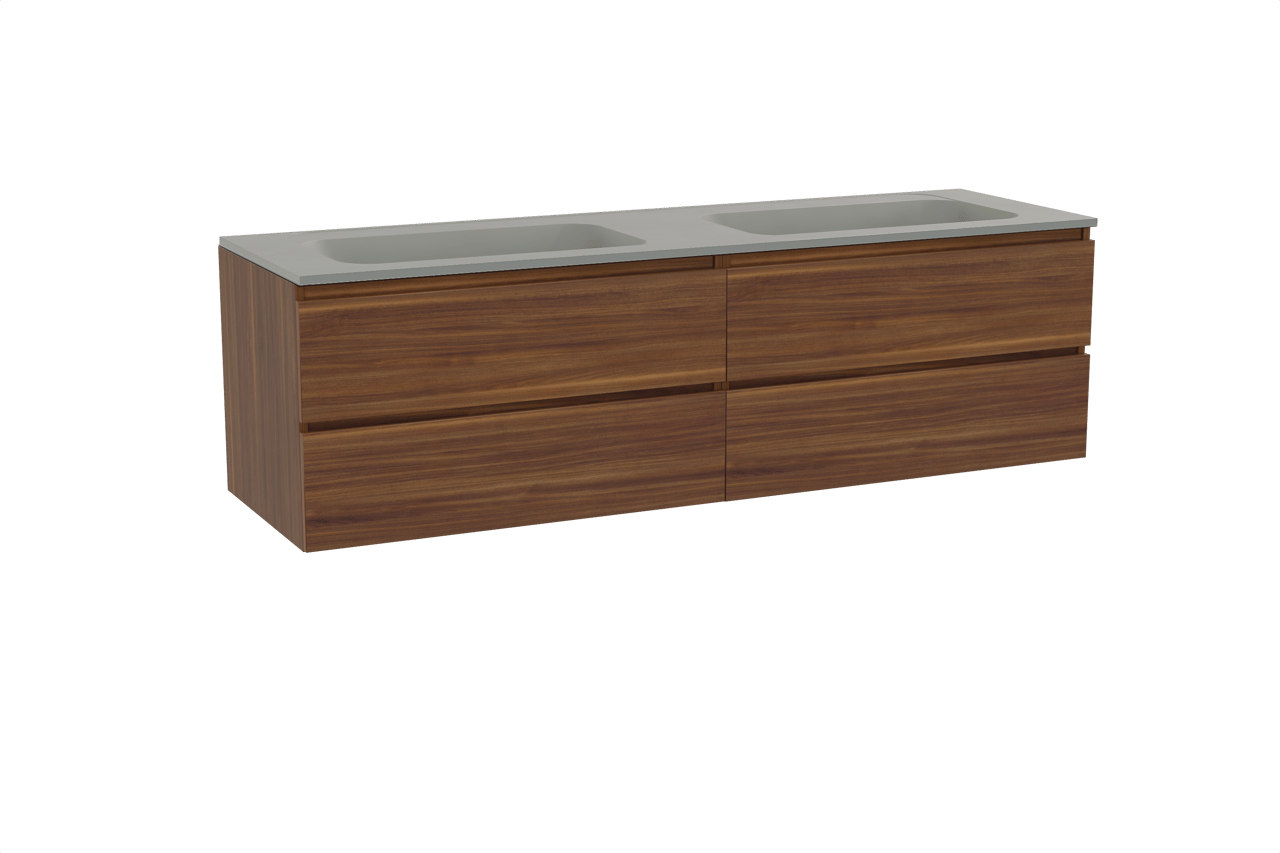 Balmani Lucida hängendes Möbelstück Set: 180 x 55 cm, Amerikanischer Nussbaum, mit Tablo Strada Doppelwaschtisch, Marmorkomposit Seidengrau