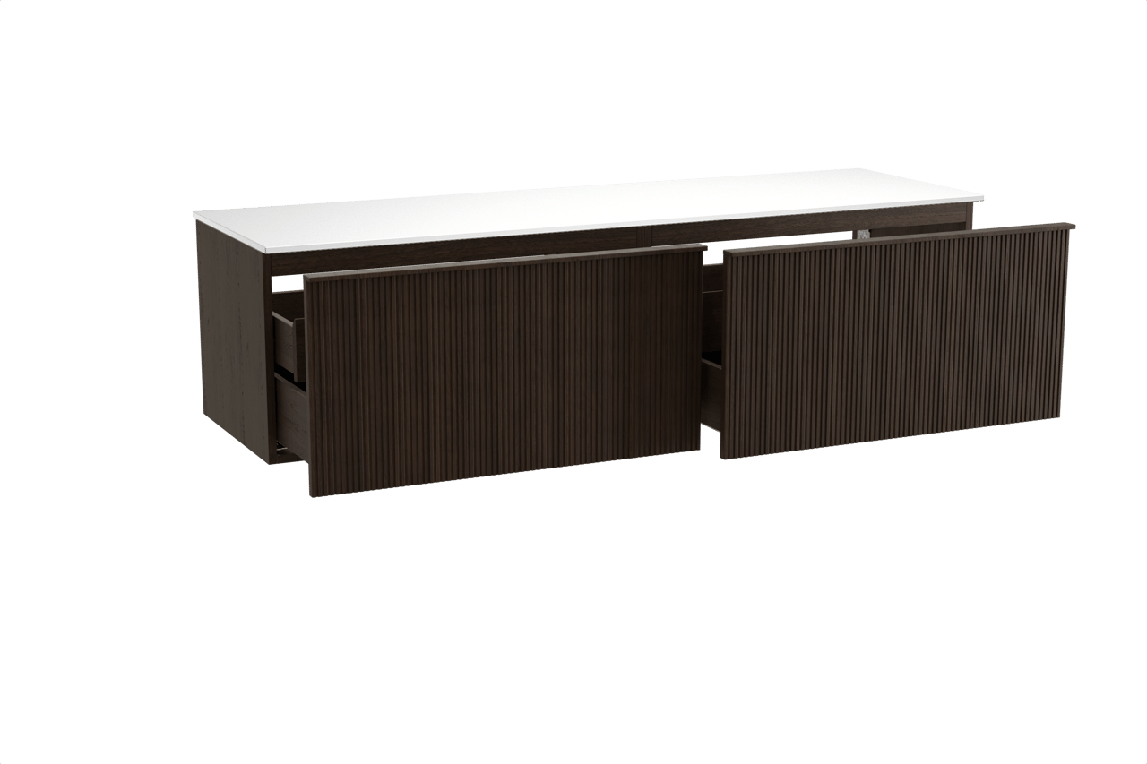 Balmani Forma zwevend badmeubel 180 x 55 cm gerookt eiken met Stretto enkel of dubbel wastafelblad in solid surface mat wit, Verticale symmetrische rechte ribbel
