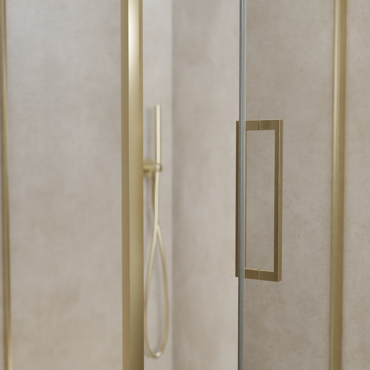 Balmani Senses Design douche en coin avec porte pivotante à droite et paroi latérale fixe, 90 x 90 cm, Verre transparent, Profil Brushed Champagne Gold, coating inclus