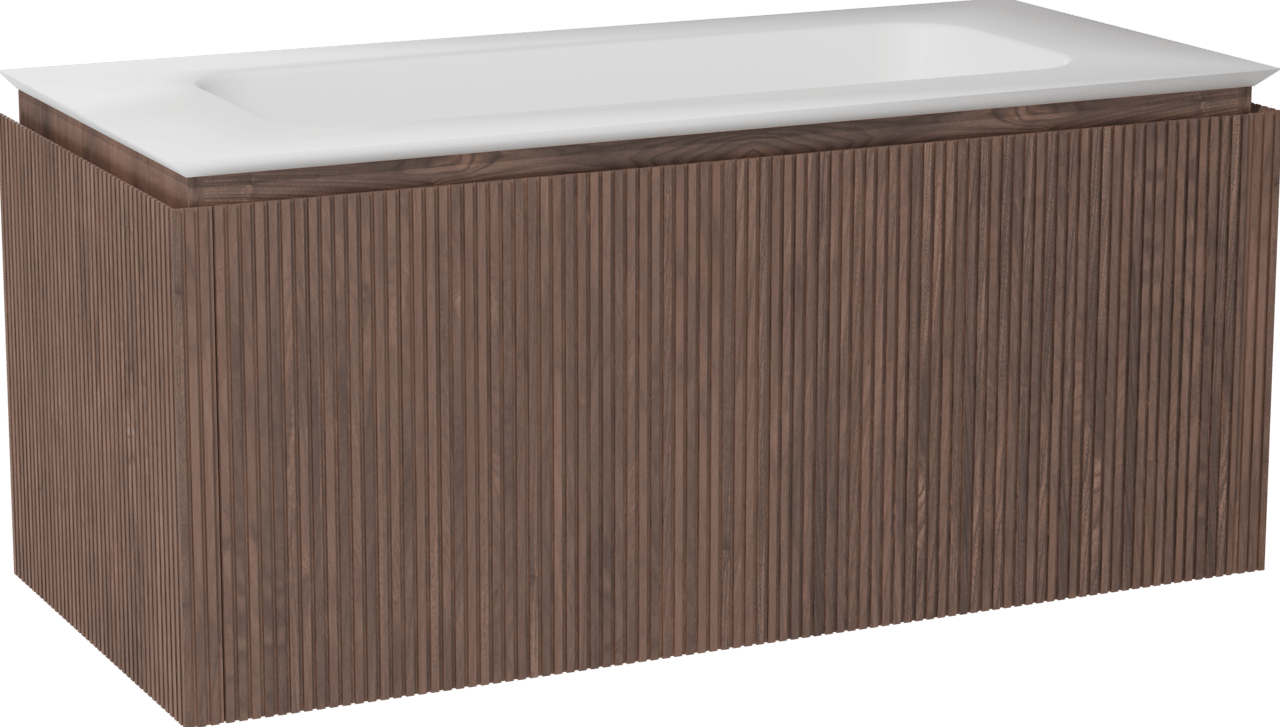 Balmani Eclips meuble salle de bains suspendu 120 x 55 cm Noyer américain avec Eclips plan simple en Solid Surface blanc mat, Nervure droite symétrique verticale