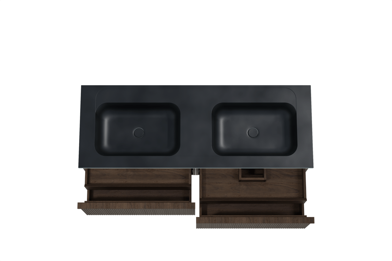 Balmani Forma zwevend badkamermeubel 150 x 55 cm gerookte eik met Tablo Strada dubbele wastafel in composietmarmer mat zwart, Verticale symmetrische rechte ribbel
