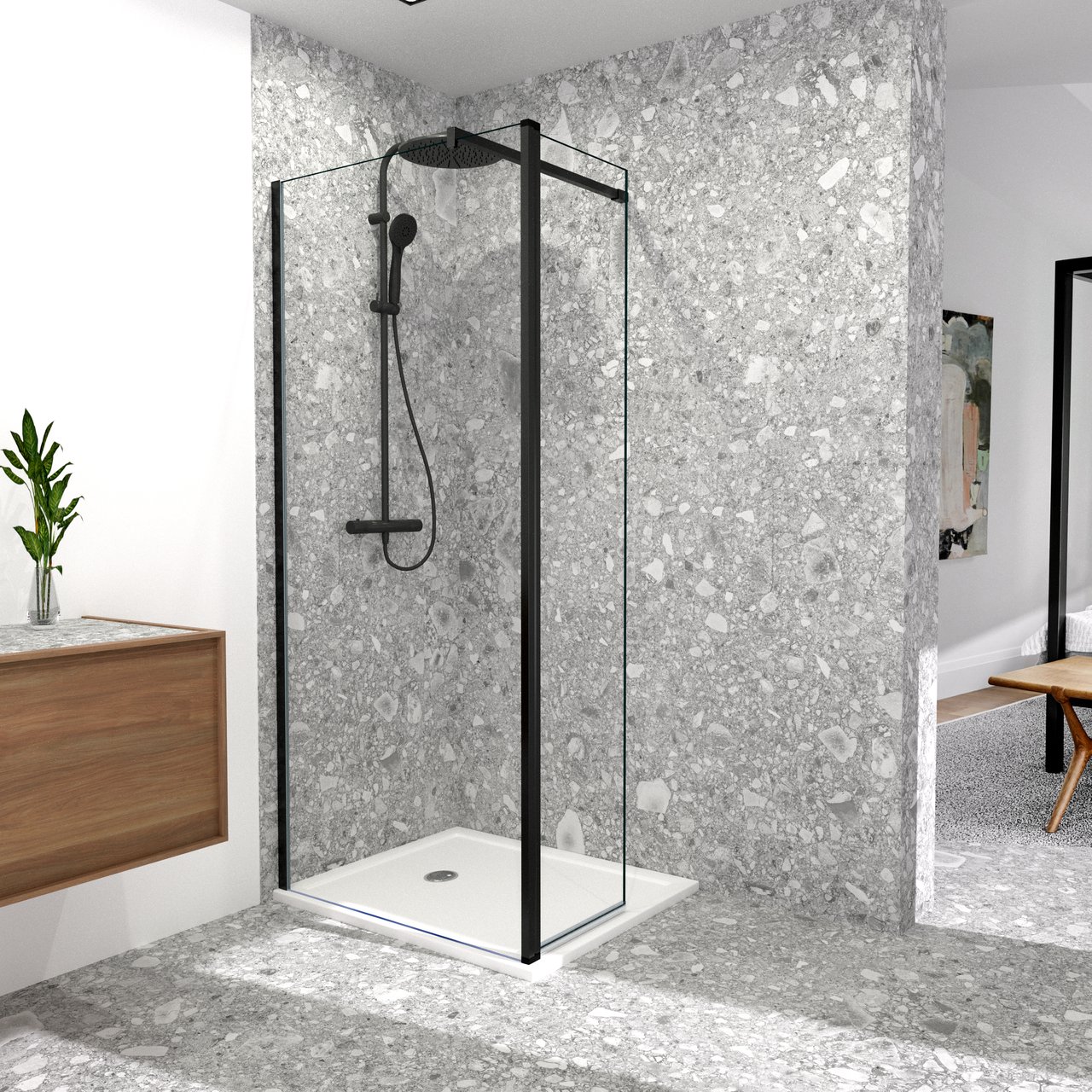 Balmani Move Walk-In Dusche: Bewegliche Seitenwand, 90 x 200 cm, Klarglas, Schwarzes Profil, matt
