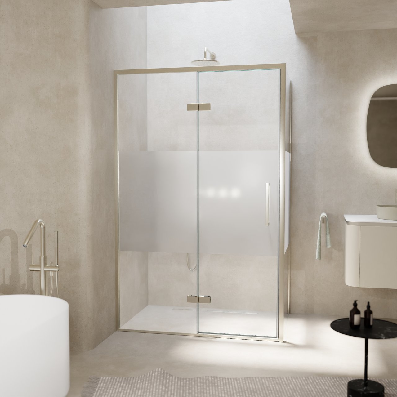 Balmani Senses Design Eckdusche: Drehtür (Links) mit fixierte Seitenwand, 120 x 80 cm, Klarglas mit mattiertem Streifen, Profil Brushed CoolMetal, inklusive Coating