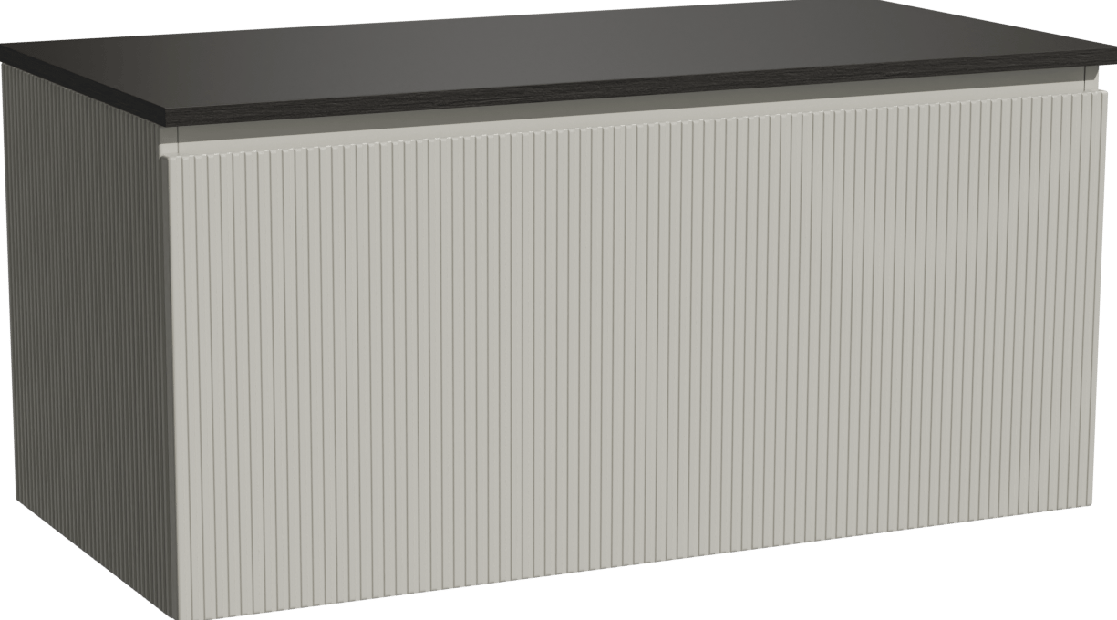 Storke Ribs zwevend badmeubel 105 x 52 cm zijdegrijs met Panton enkel wastafelblad in gepoedercoate mdf mat zwart, Verticale symmetrische rechte ribbel