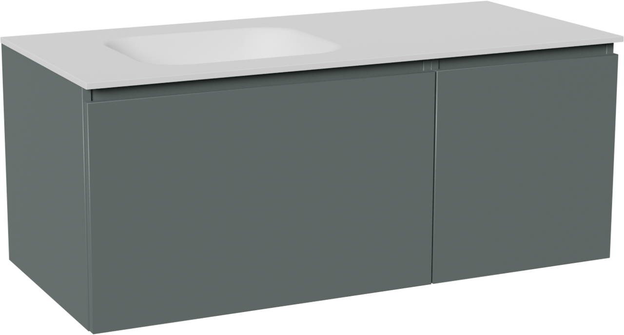 Balmani Sfera zwevend badkamermeubel 120 x 55 cm forest met Tablo Arcato asymmetrisch linkse wastafel in solid surface mat wit