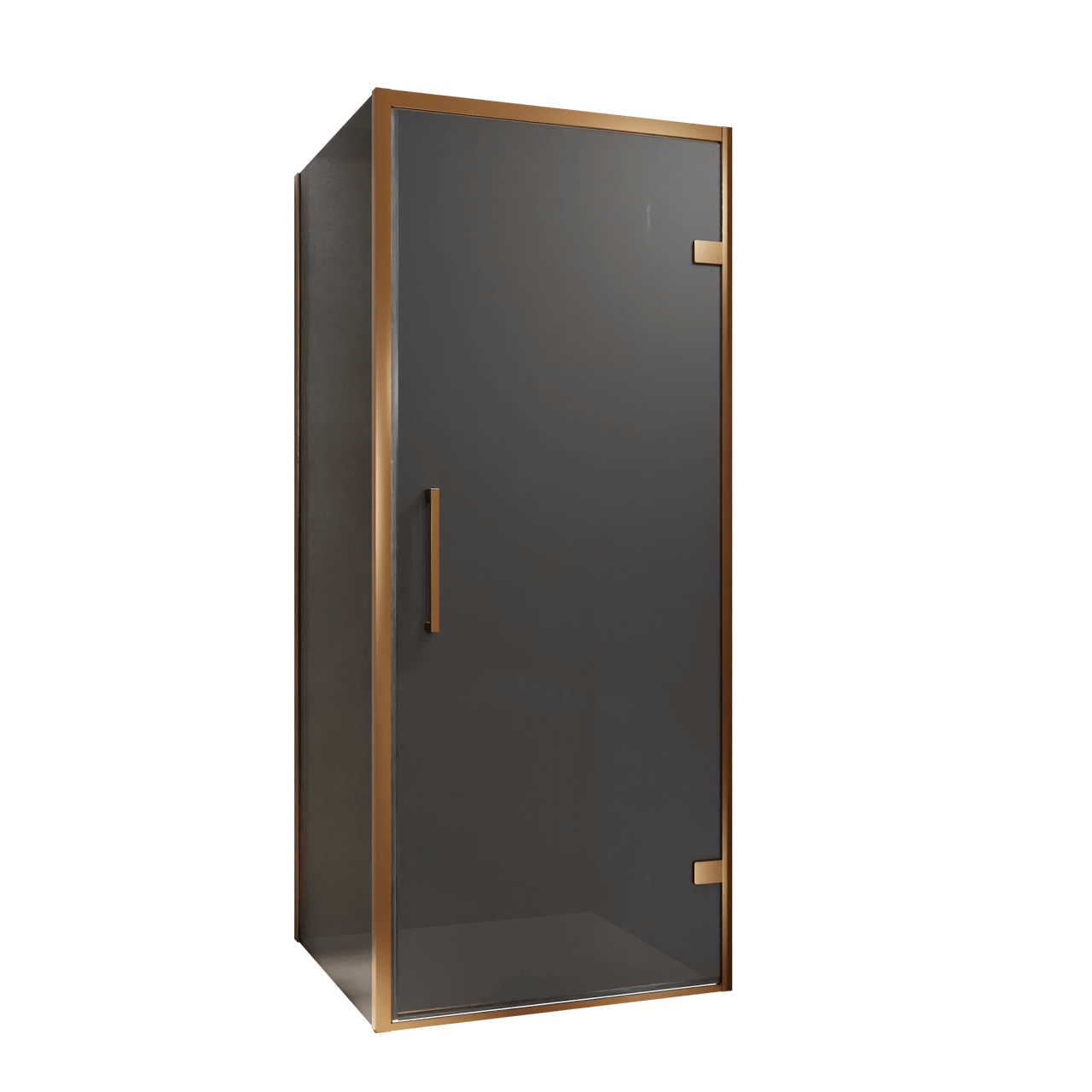 Balmani Senses Design douchecabine met rechtse draaideur en vaste zijwand, 90 x 90 cm, Rookglas, Brushed Rosegold profielen