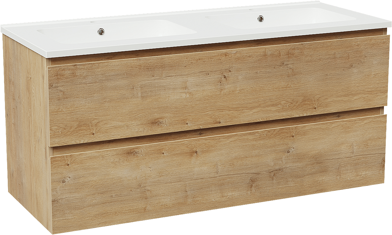 Linie Lado hängendes Möbelstück Set: 120 x 46 cm, Naturbelassene Eiche, mit Vano Doppelwaschtisch, Marmorkomposit Weiß glänzend