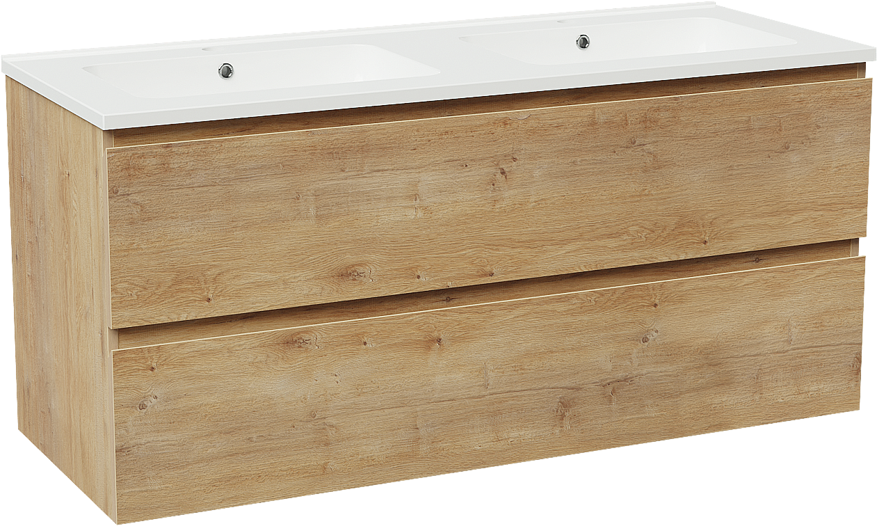 Linie Lado zwevend badkamermeubel 120 x 46 cm natuur eik met Vano dubbele wastafel in composietmarmer glanzend wit