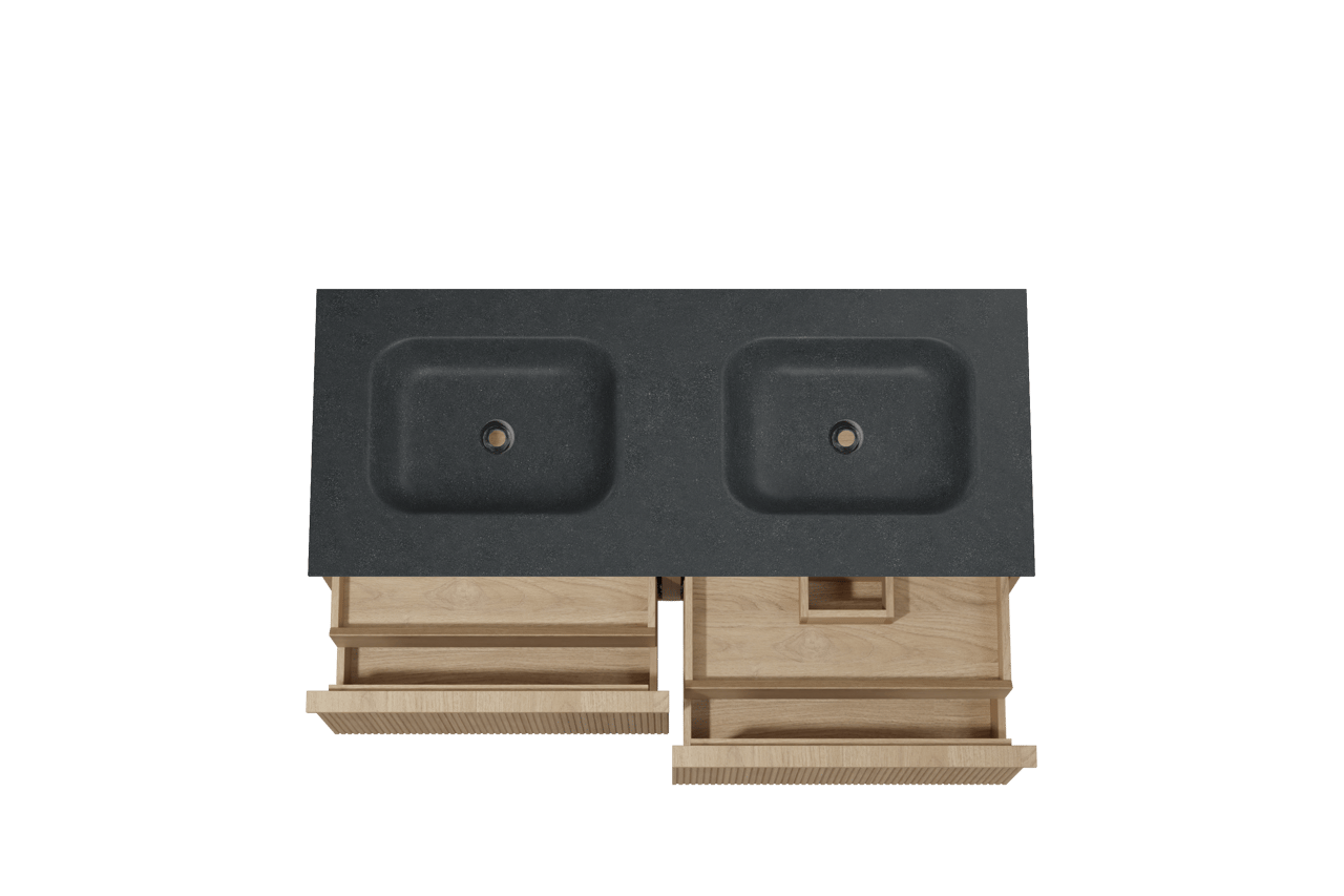 Balmani Forma meuble salle de bains suspendu 135 x 55 cm chêne naturel avec Tablo Arcato double vasque en granit noir, Nervure droite symétrique verticale