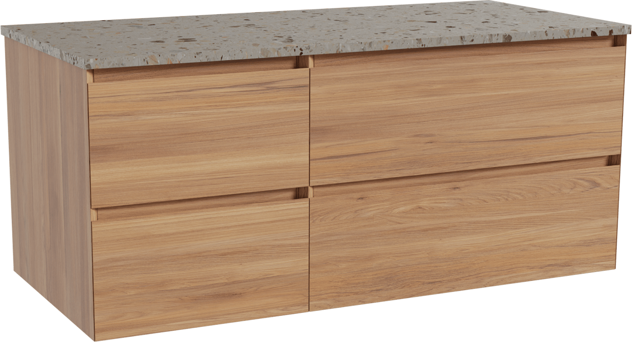 Balmani Mitra zwevend badkamermeubel 120 x 55 cm teak met Stretto enkel of dubbel tablet in terrazzo greige terrazzo