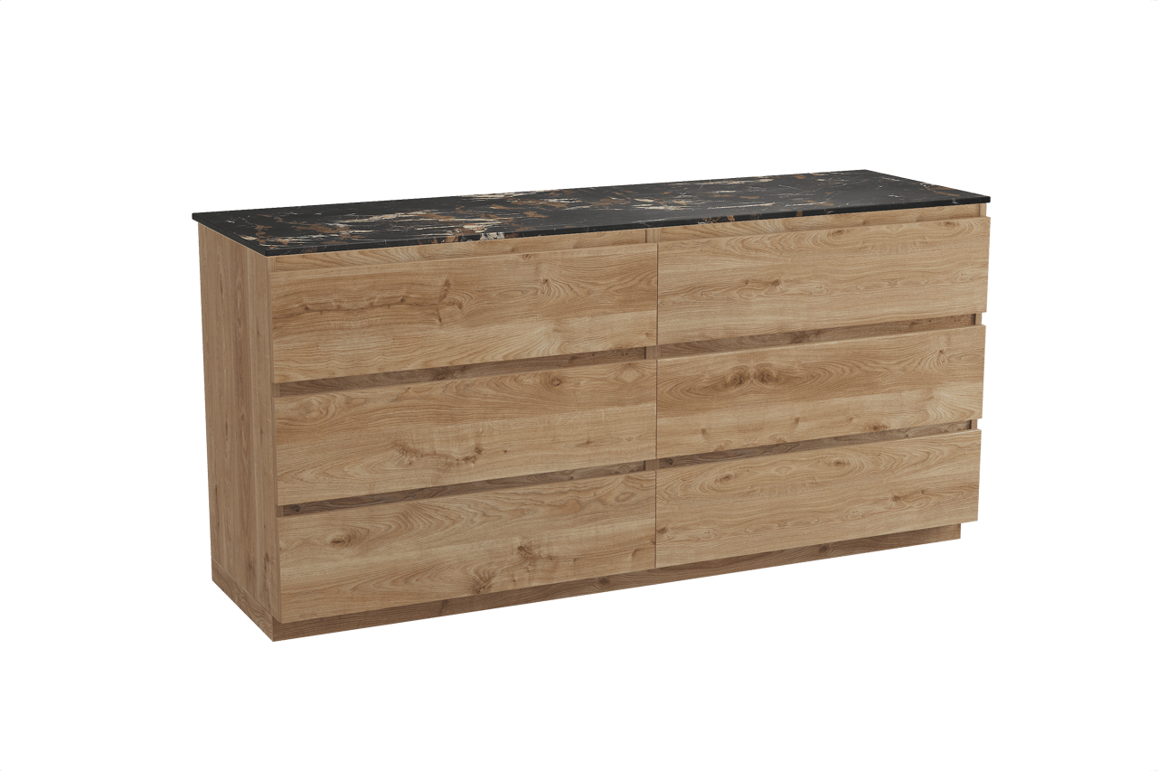 Balmani Lucida meuble salle de bains à poser 180 x 55 cm chêne brut avec Stretto tablette simple ou double en marbre portoro gold