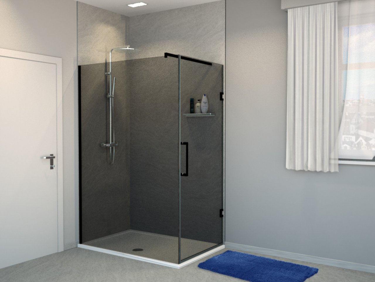 Balmani Modular inloopdouche met deur 140 x 200 cm rookglas mat zwart profiel