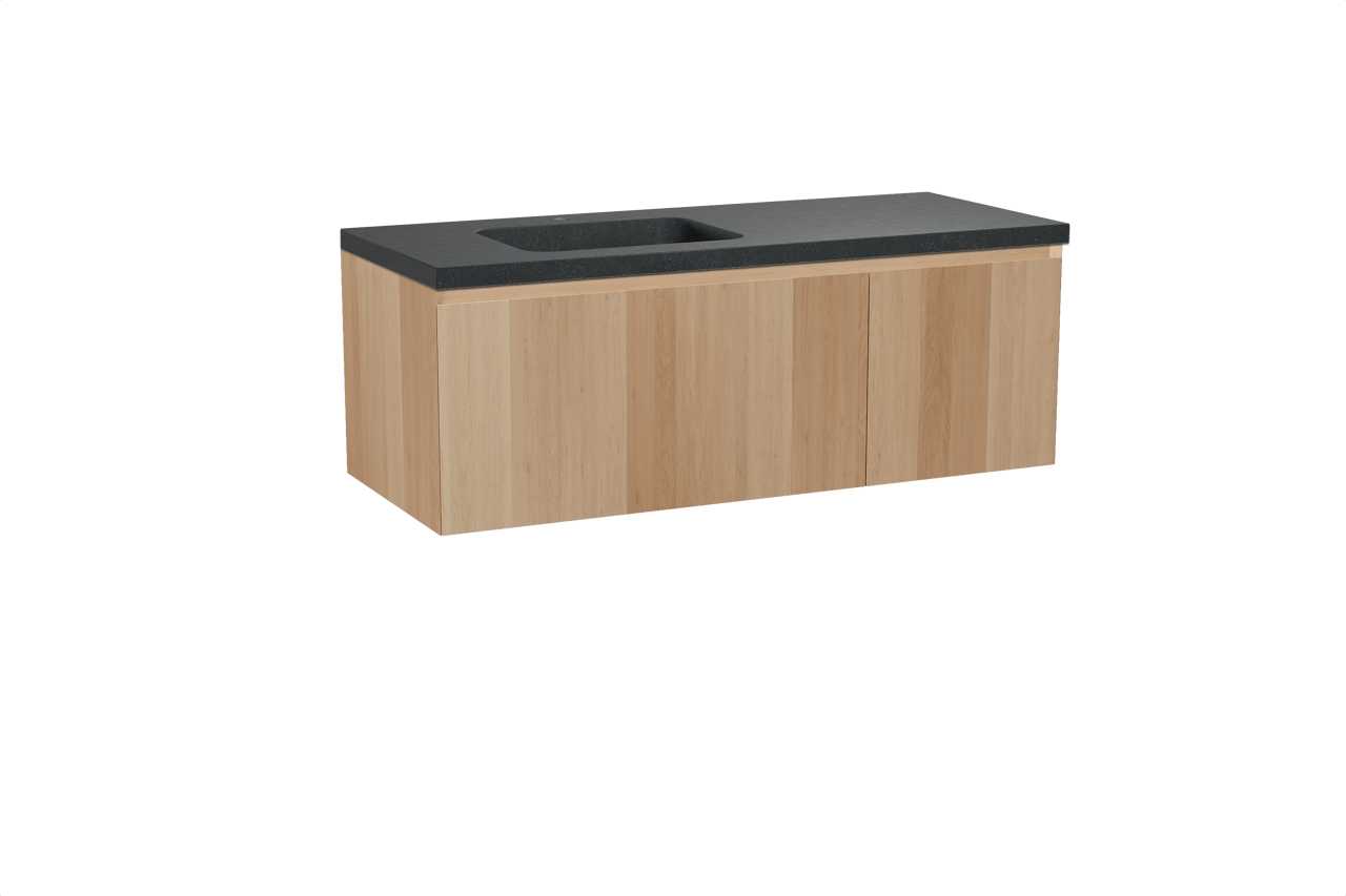 Balmani Idra zwevend badkamermeubel 135 x 55 cm natuur eik met Napoli asymmetrisch linkse wastafel in graniet zwart