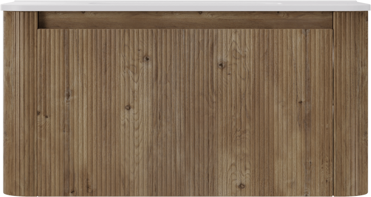 Storke Soft zwevend badmeubel 100 x 46 cm ruw eiken met Kera Soft enkele wastafel in porselein mat wit, Verticale symmetrische rechte ribbel