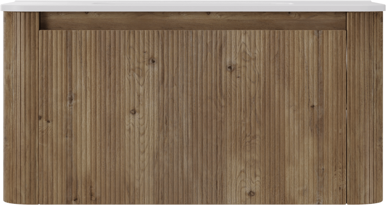 Storke Soft hängendes Möbelstück Set: 100 x 46 cm, Eiche rau, mit Kera Soft Einzelwaschtisch Keramik Weiβ matt, Vertikale symmetrische gerade Rippe