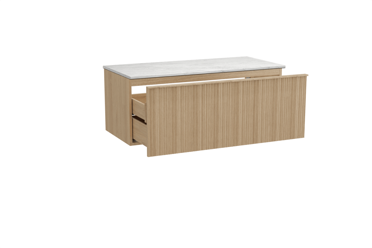 Balmani Forma meuble salle de bains suspendu 120 x 55 cm chêne naturel avec Stretto tablette simple ou double en marbre carrara, Nervure circulaire asymétrique verticale
