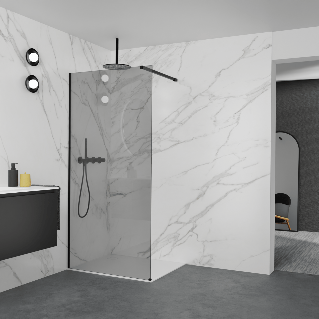 Balmani Modular Walk-In Dusche: 100 x 200 cm, Rauchglas, Profil Schwarz matt