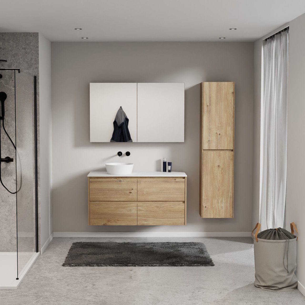 Storke Seda meuble salle de bains suspendu 120 x 52 cm chêne brut avec Tavola tablette simple ou double en solid surface blanc mat