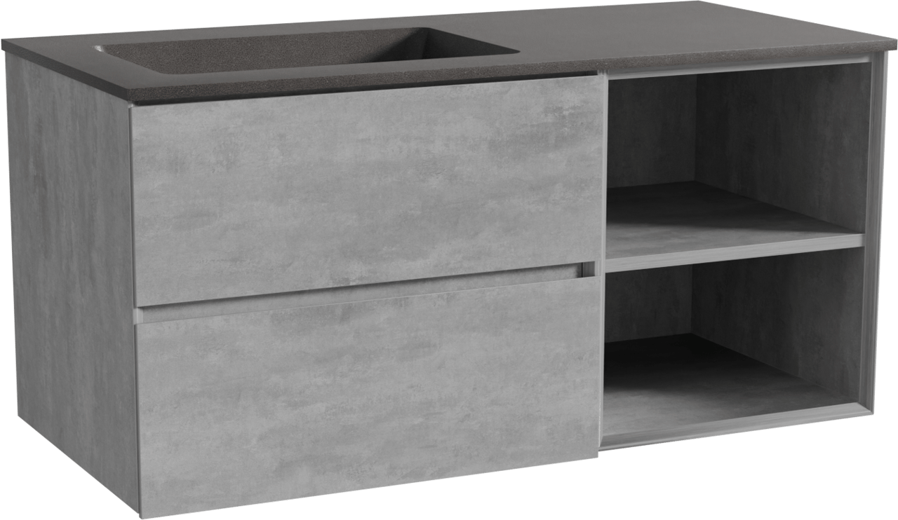 Storke Edge meuble salle de bains suspendu 110 x 52 cm béton gris foncé avec Scuro plan vasque asymétrique à gauche en quartz noir mat